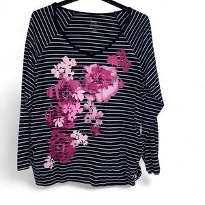 Just My Size Black and Pink Floral Striped Blouse